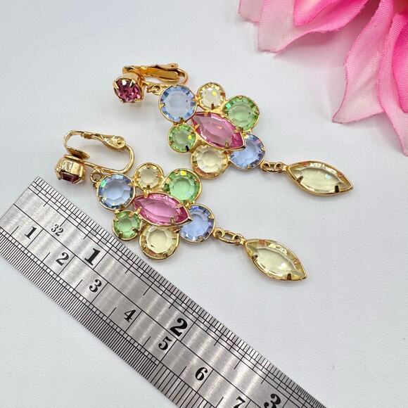Vintage Austrian Crystal Clip On Earrings Pastel Ethereal Spring Fairycore Long - Picture 14 of 16